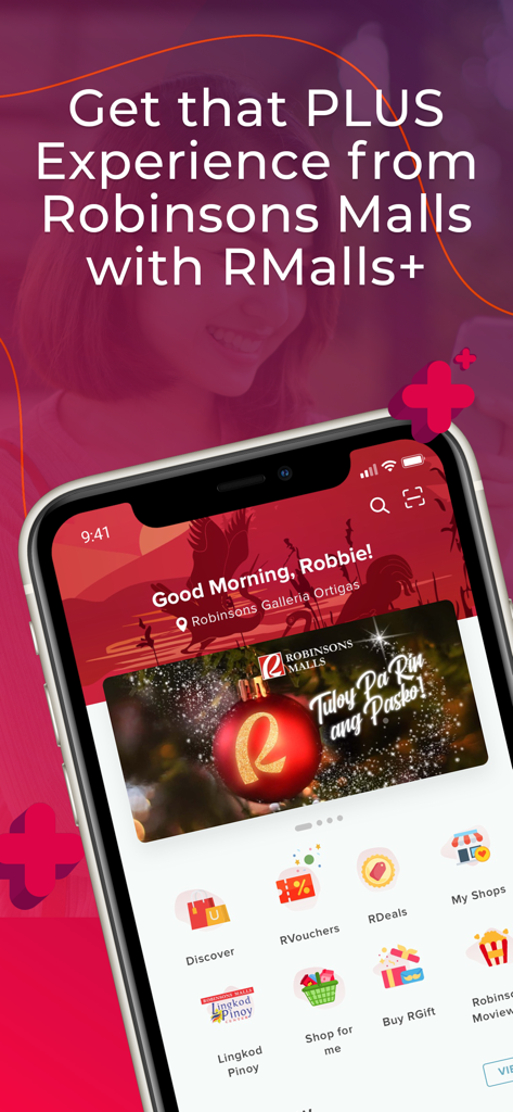 RMalls plus mobile app home screen with shopping deals and services