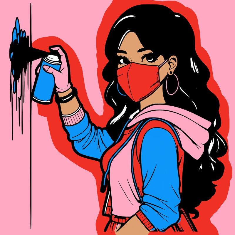 realistic girl with mask spray painting a wall