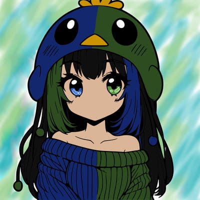anime girl with chick shaped hat with sweater with bare shoulders with bangs covering them one eye with low tail