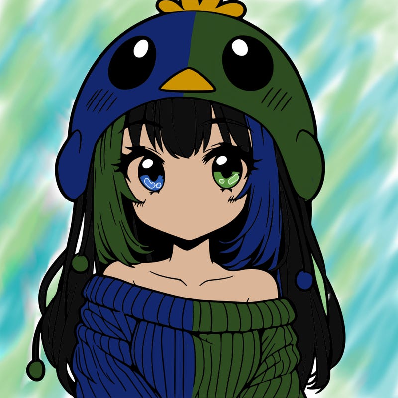 anime girl with chick shaped hat with sweater with bare shoulders with bangs covering them one eye with low tail