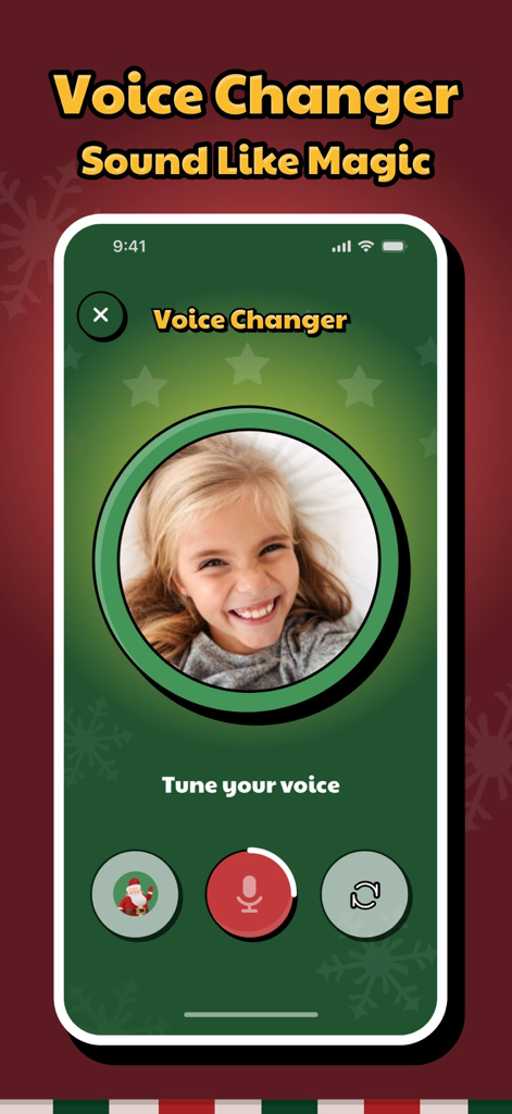 A mobile app screenshot of the Voice Changer feature showing a recording screen with a childs face and a microphone button