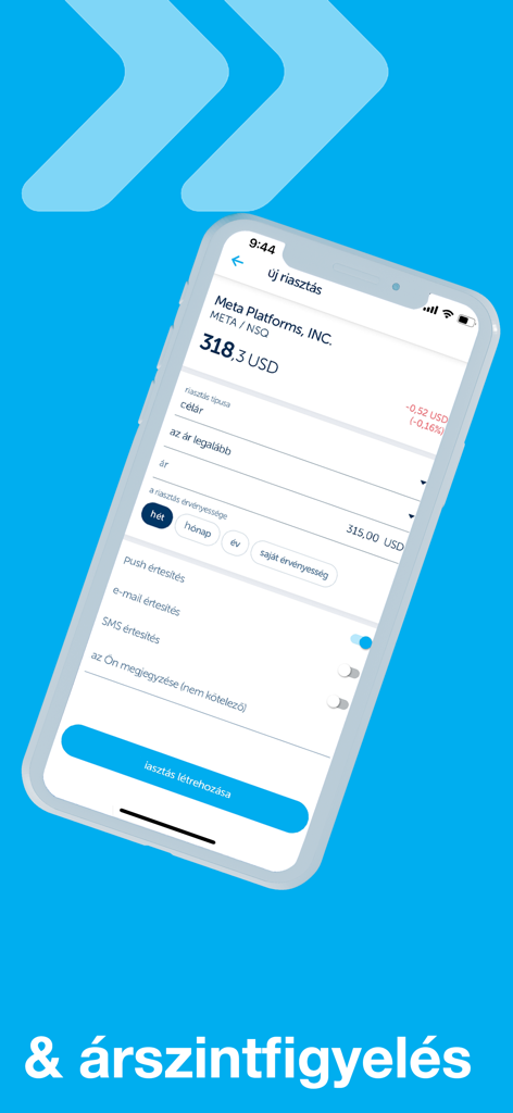 Captura de pantalla de la aplicación K&H mobiltrader que muestra la configuración de una alerta de precios para las acciones de Meta