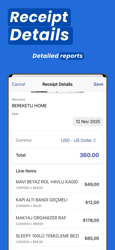 店舗名、合計金額（USD）、購入品目リストを含む詳細な領収書情報が表示されるモバイルアプリのインターフェース