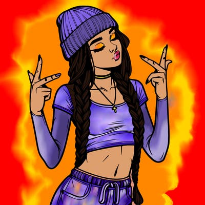 realistic teenage girl with braids and a beanie and crop top doing 🫶🏼