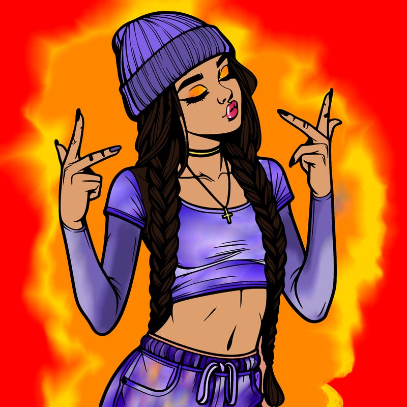 realistic teenage girl with braids and a beanie and crop top doing 🫶🏼