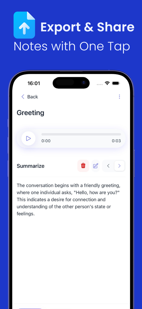 AI Note Taker & Voice Memos - AIノートテイクアプリのインターフェース。ボイスメモの要約とエクスポートオプションを表示。