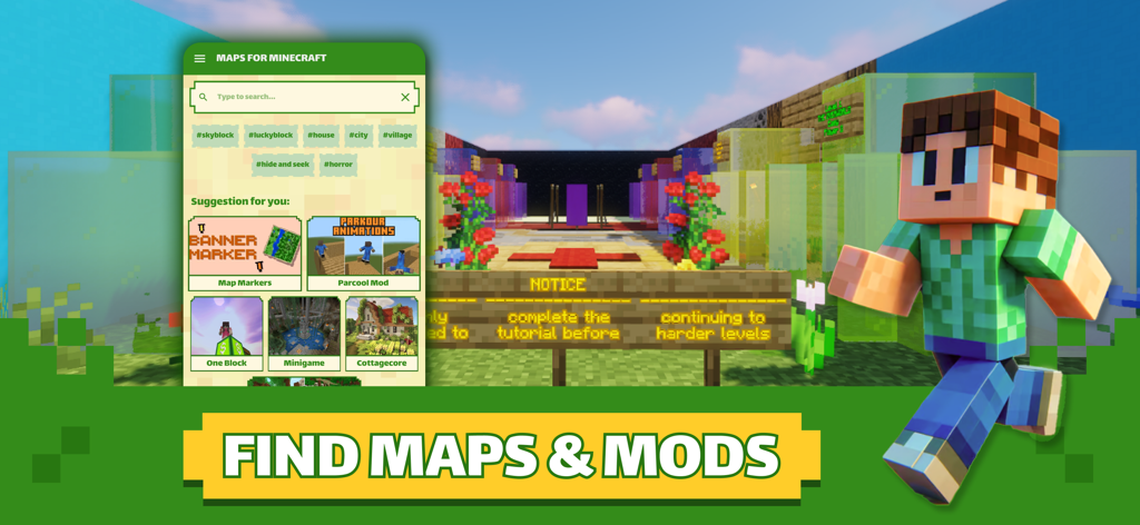 Interface of Maps for Minecraft and Addons app showing various map and mod categories