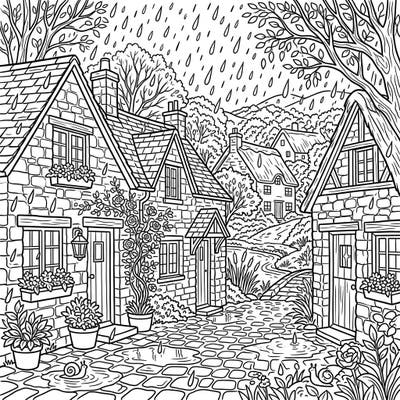 Escape to a charming village scene with this delightful Stone Cottages on a Rainy Day coloring page. Perfect for finding peace and creativity as you bring this rustic, atmospheric landscape to life.