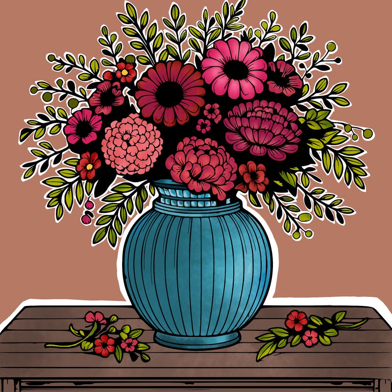 large vase and beautiful bouquet of flowers on table realistic