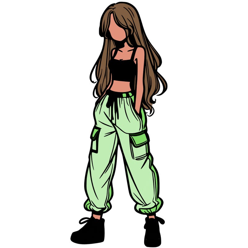 girl in baggy pants crop top and long hair