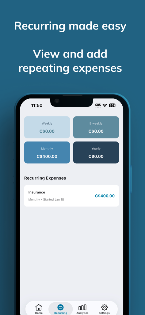 YBUD: Your Budget Planner - YBUD app interface showing recurring monthly insurance expenses and budget cycles for weekly biweekly and monthly planning