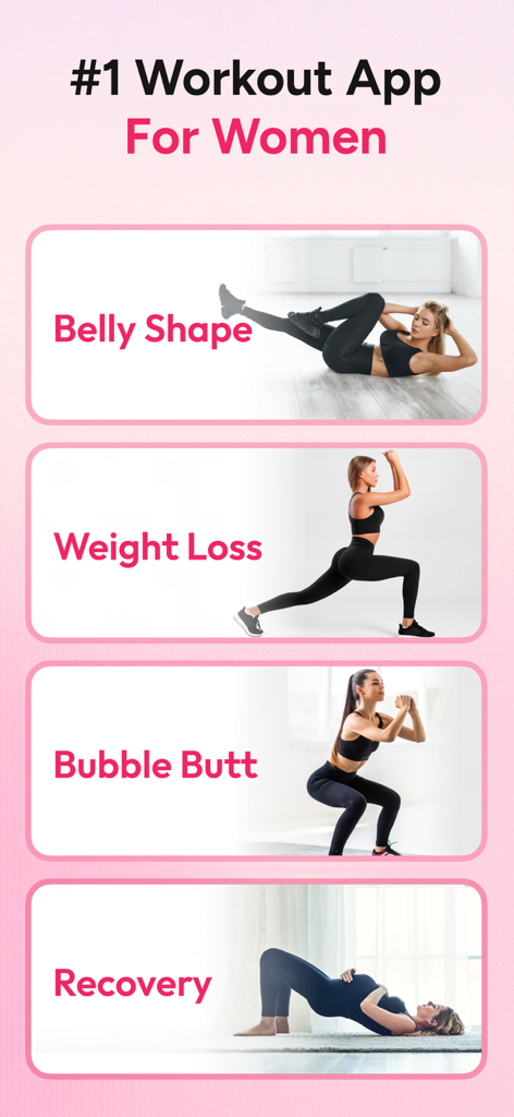 Workout for Women app screen showing fitness categories like Belly Shape Weight Loss Bubble Butt and Recovery
