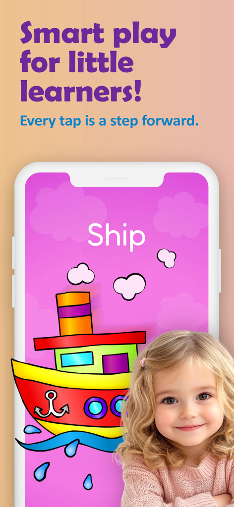 123 Fun FLASHCARDS Games - A young girl smiling next to a phone screen displaying a ship flashcard for toddler vocabulary practice
