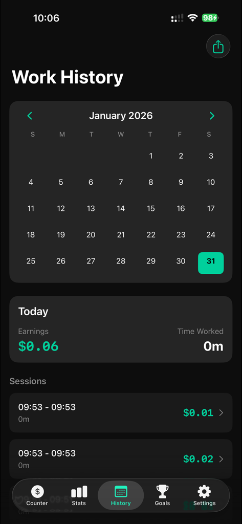 Sallary Online Tracker - Work History screen of CashFlow app showing a calendar for January 2026 and a list of daily earning sessions in dark mode.