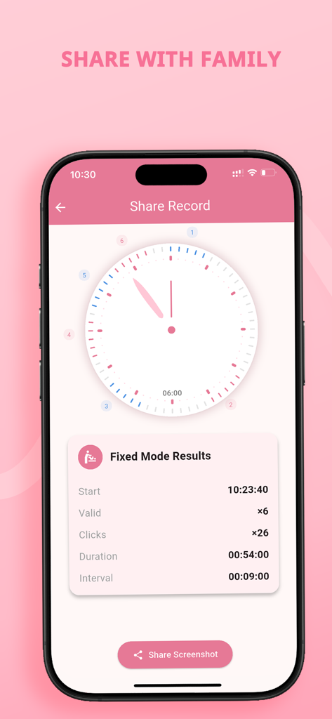 Share record screen of the BabyKicks app showing a clock visualization and fetal kick statistics summary