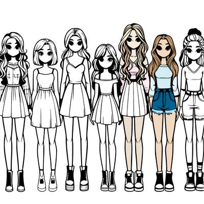 seven realistic girls standing up next to each other