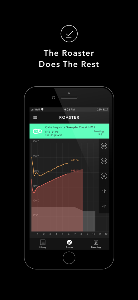 Interfaccia dell'app IKAWA Pro che mostra un grafico della temperatura di tostatura del caffè in tempo reale e dati del profilo.