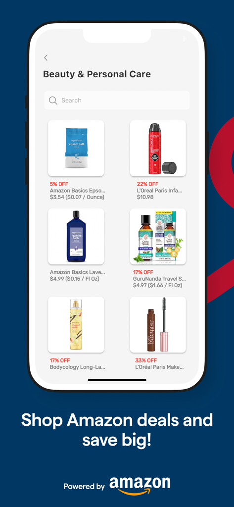 GK One - Pantalla de la aplicación GK One que muestra productos de belleza y cuidado personal con ofertas de descuento de Amazon