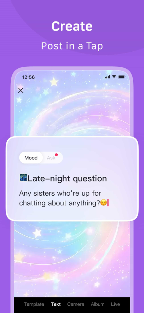 LesPark - Lesbian Community - Pantalla de la aplicación LesPark mostrando una publicación de estado de ánimo con una pregunta nocturna para la comunidad.