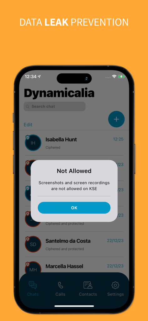 KSE Kripteria app interface showing a notification that screenshots and screen recordings are not allowed for data leak prevention.