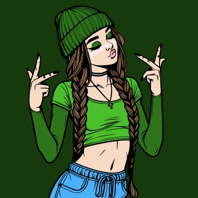 realistic teenage girl with braids and a beanie and crop top doing 🫶🏼