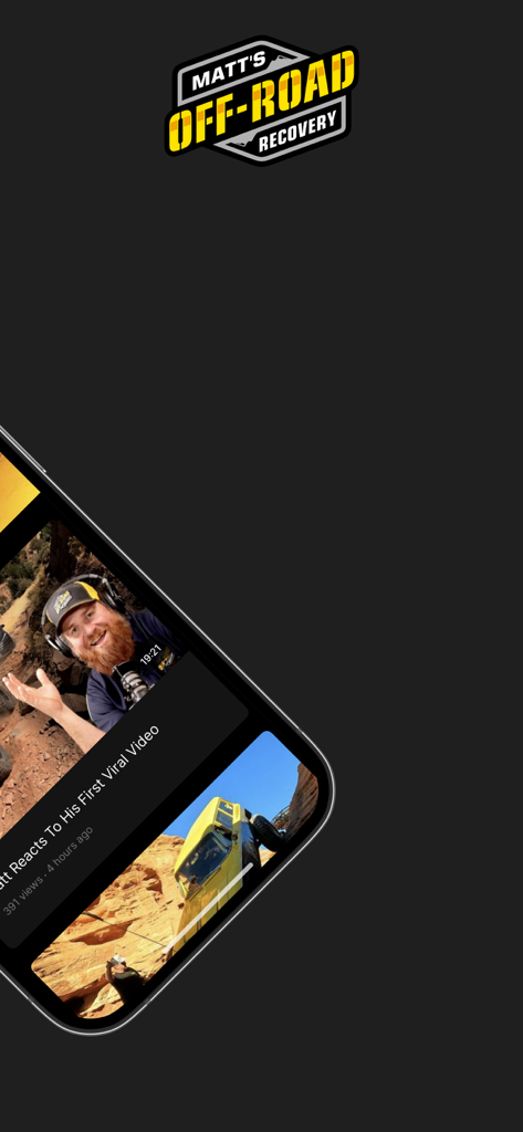 Aplicativo Matt's Off-Road Recovery exibindo o logotipo oficial e miniaturas de vídeo em um smartphone.
