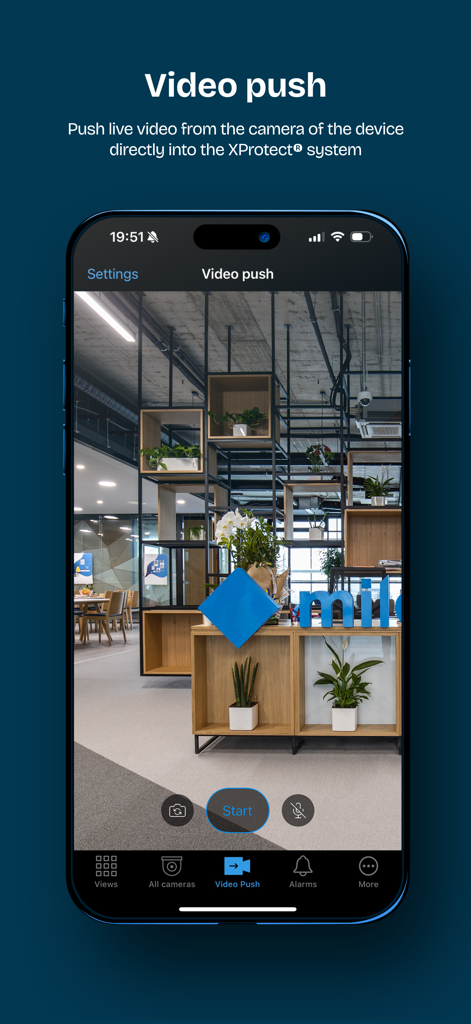 XProtect® Mobile - XProtect Mobile app interface showing the Video Push feature on an iPhone