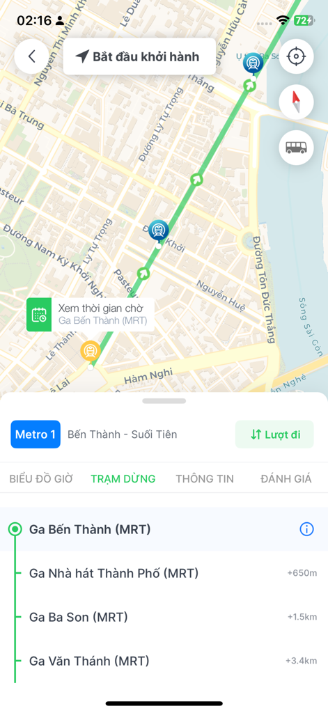 MultiGo - MultiGo app interface displaying the Metro Line 1 route on a map of Ho Chi Minh City with a list of transit stations