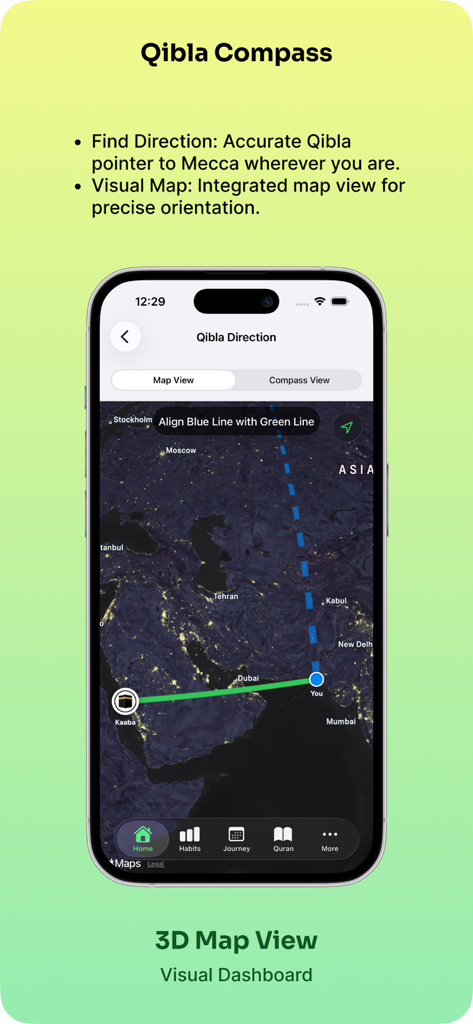 Ramadan Planner: Track & Pray - A smartphone screen showing the Qibla Compass feature with a 3D map view in the Ramadan Planner app