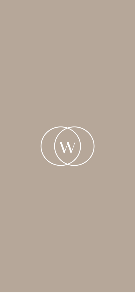 Minimalistischer Startbildschirm der Wishi Styling App für professionelle Stylisten mit einem weißen Logo auf beigem Hintergrund