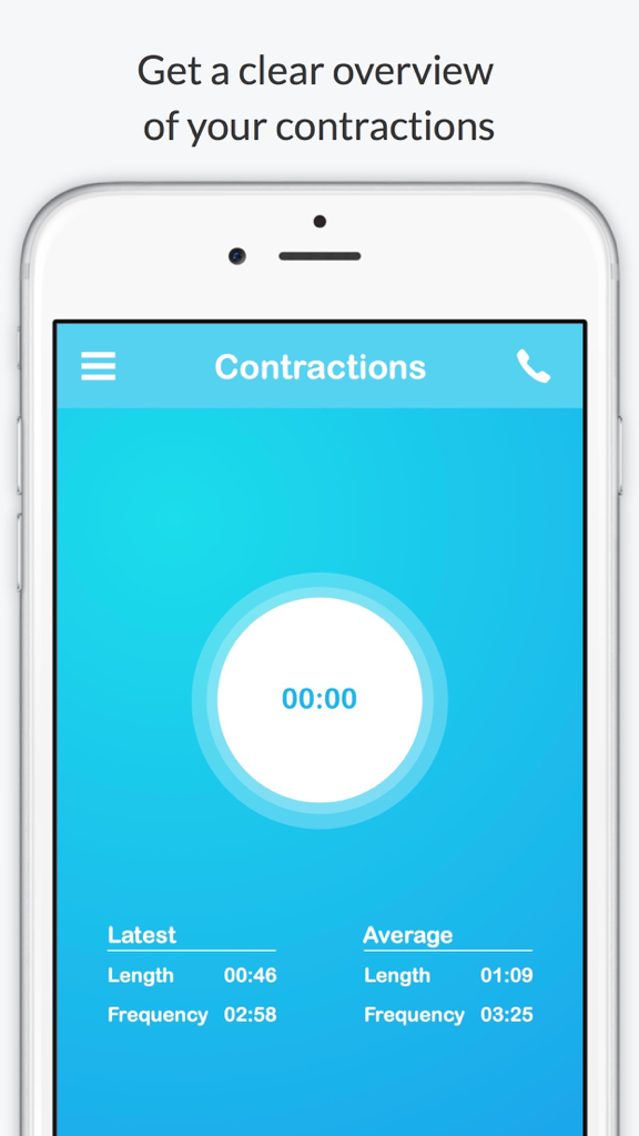 iPhone screen displaying the Contractions app interface with a timer and labor statistics
