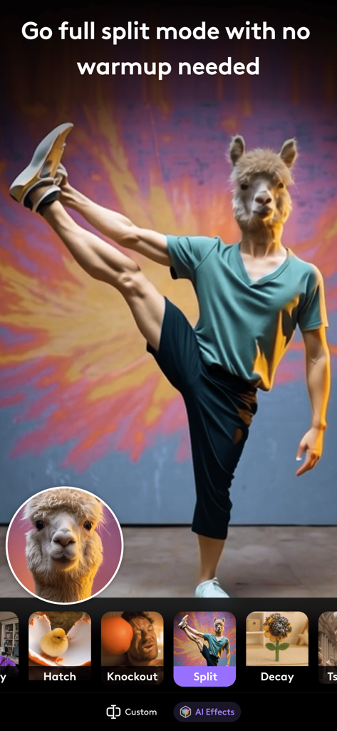 A surreal AI video effect showing a person with an alpaca head doing a split.