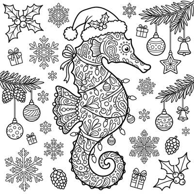 Discover a unique holiday coloring experience with this charming painted seahorse, beautifully adorned with festive Christmas details. It's a whimsical blend of ocean magic and holiday cheer, ready for your creative touch.