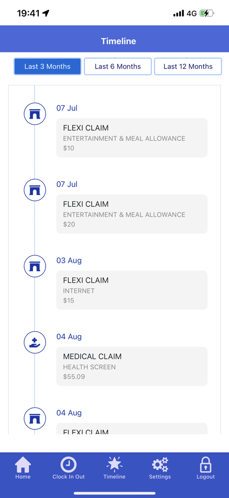 TIMES Mobile Pro - 직원의 유연 및 의료비 청구 목록을 보여주는 TIMES Mobile Pro 앱 타임라인 화면