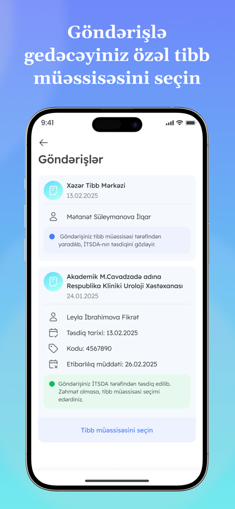 e-Tabib - Una pantalla de teléfono inteligente de la aplicación e-Tabib que muestra referencias médicas y actualizaciones de estado para clínicas de atención médica en Azerbaiyán.