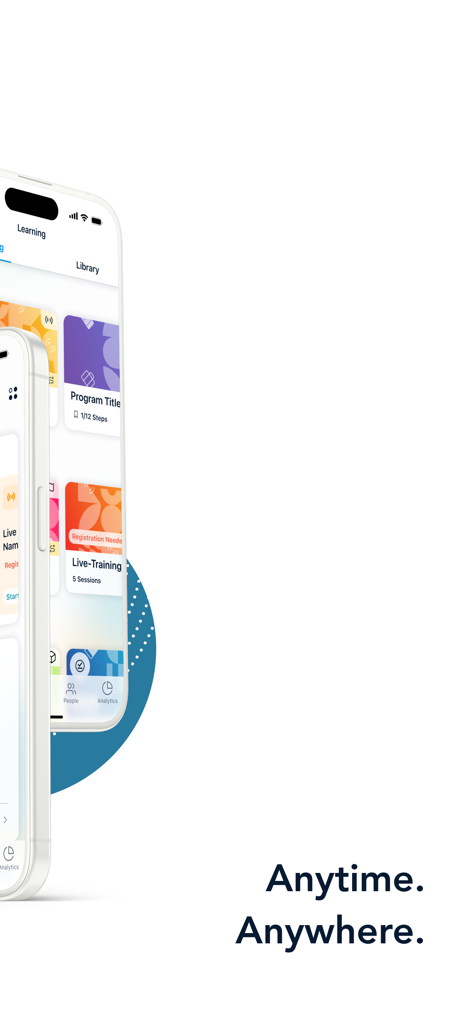 Bridge LMS app interface on mobile screens showing employee training modules with the text Anytime Anywhere