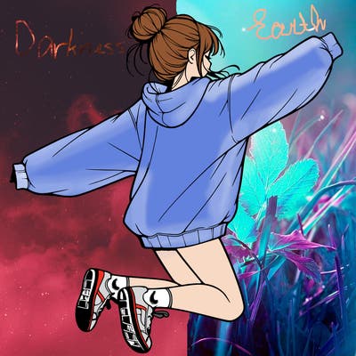 realistic girl jumping with a bun and oversized sweatshirt