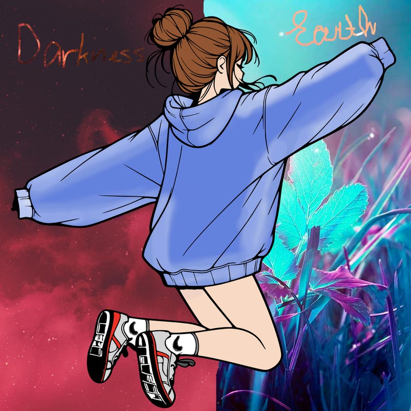 realistic girl jumping with a bun and oversized sweatshirt