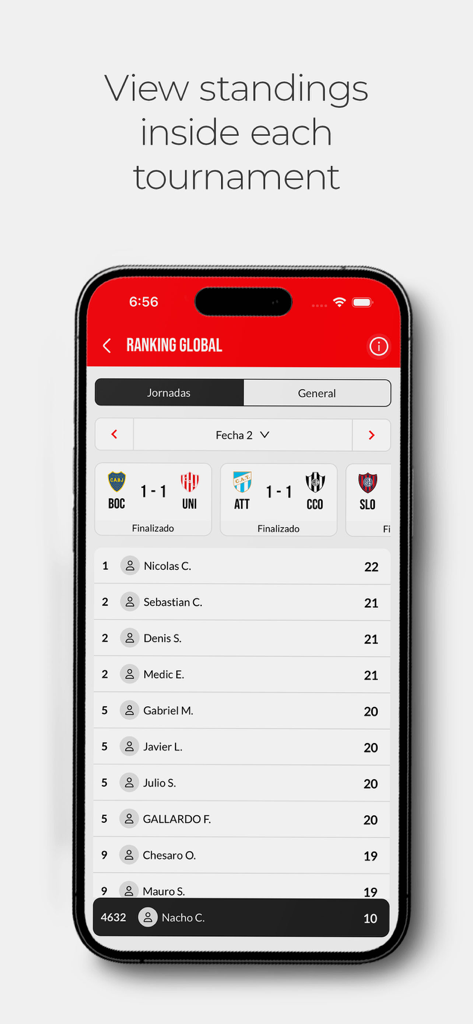 Global ranking leaderboard in Prode Master app showing points and soccer scores