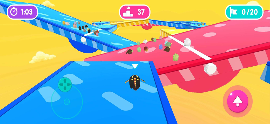 Fall.io - Race of Dino - Colorful dinosaur characters racing on tilting platforms in a physics-based obstacle course.