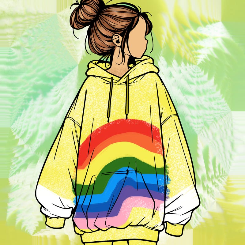 realistic girl with a oversized sweatshirt on and a bun
