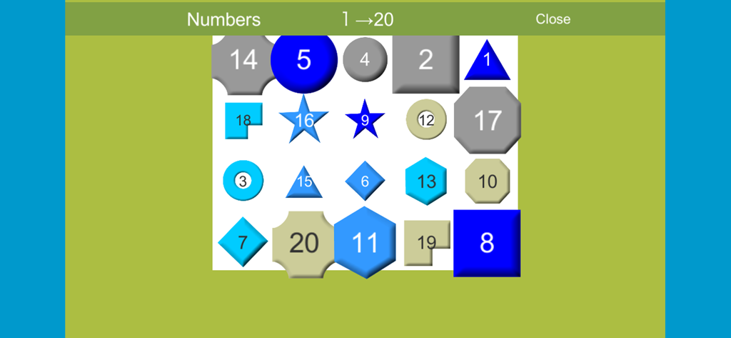 ３×３Ｄ Eye Training - 눈의 모양근을 훈련하기 위한 다양한 색상의 기하학적 모양과 숫자가 표시된 3D 숫자 터치 운동 인터페이스