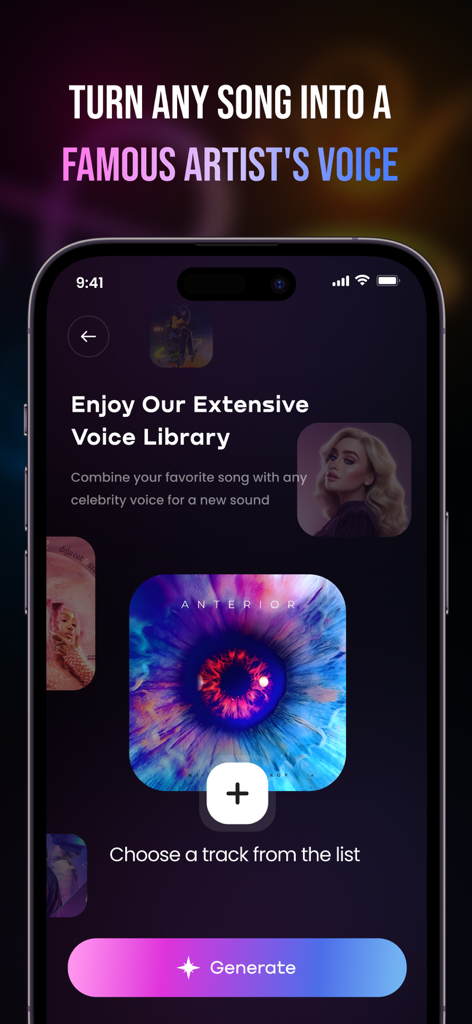 DJ Whisk AI - Make Mashup Song - DJ Whisk AI interface showing the feature to transform song vocals using a library of celebrity voices