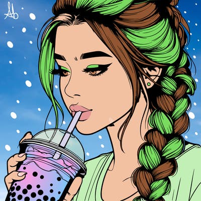 realistic girl drinking boba tea with braided hair