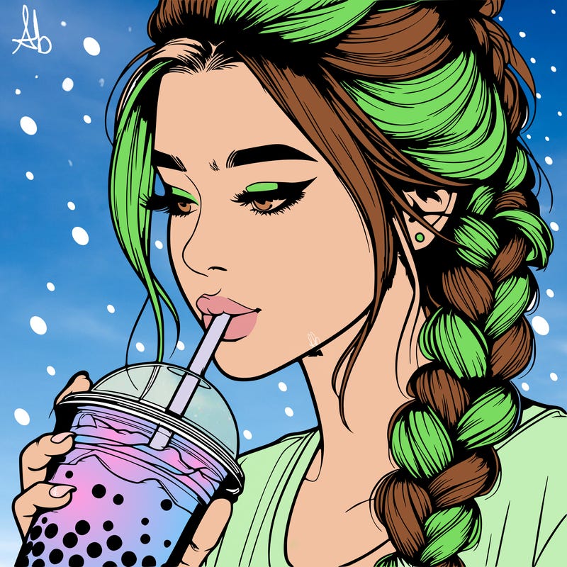 realistic girl drinking boba tea with braided hair