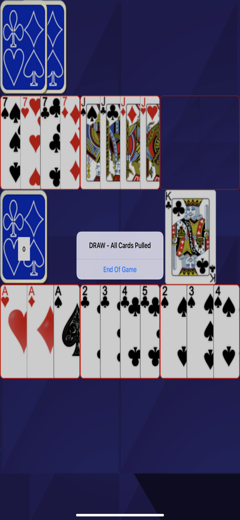 Conquian Classic - Gameplay screen of Conquian Classic showing a draw message and card combinations on a blue background