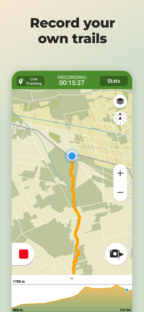 Wikiloc mobile app interface showing real-time GPS trail recording with a map and elevation profile.