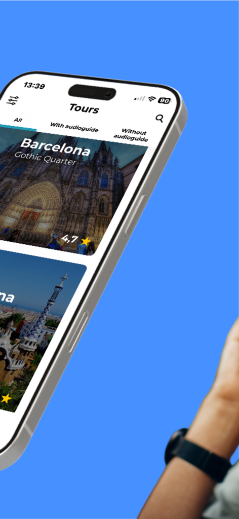 Park Güell Audioguide & Tours - Smartphone che visualizza il menu dei tour di Barcellona nell'app Audioguida Park Guell