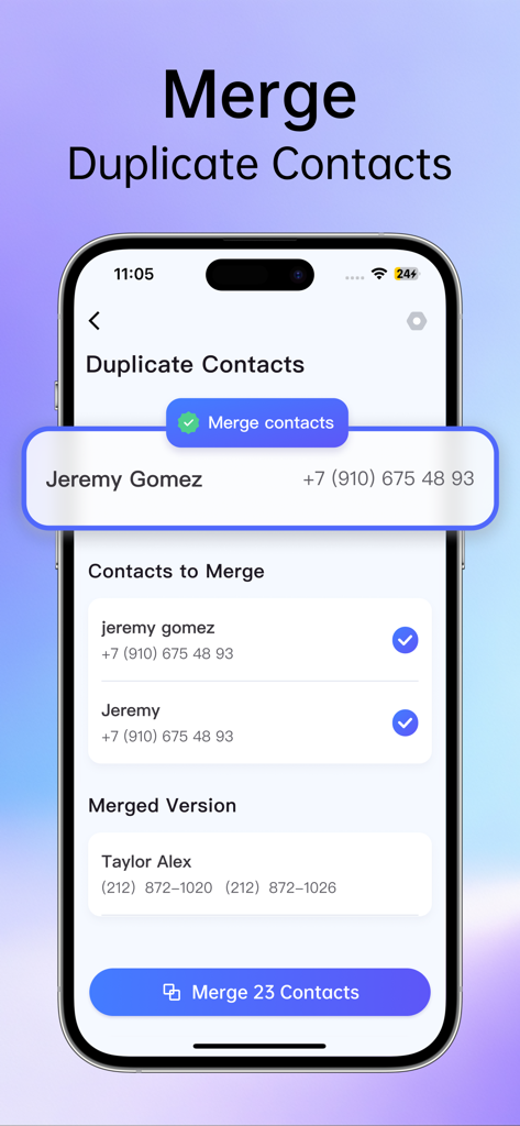 A screenshot of the Clean Up app showing the interface for merging duplicate contacts on an iPhone.