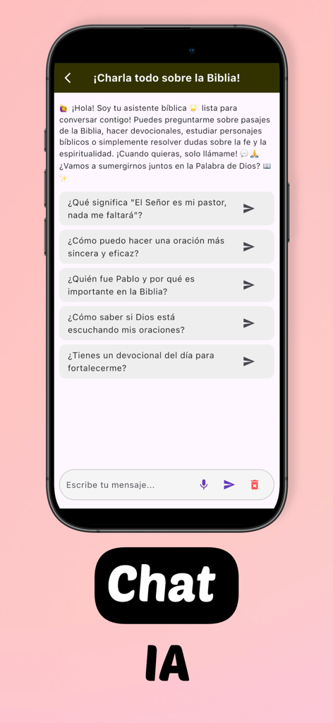Biblia Con Letra Gigante - AI chat interface within the Biblia Con Letra Gigante app showing an assistant ready to answer biblical questions